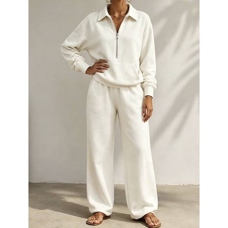 Women's Half-Zip Collared Top and Wide-Leg Trousers Set