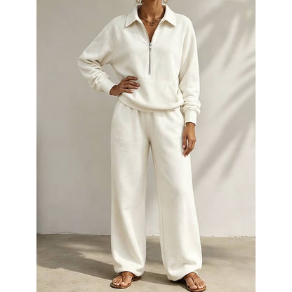 Women's Half-Zip Collared Top and Wide-Leg Trousers Set