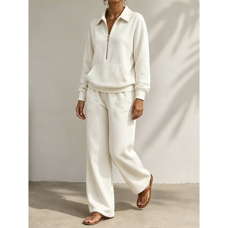 Women's Half-Zip Collared Top and Wide-Leg Trousers Set