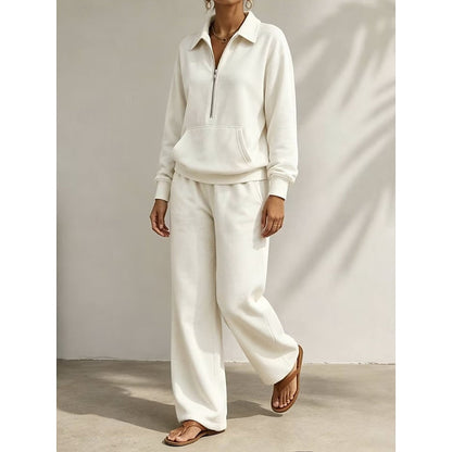 Women's Half-Zip Collared Top and Wide-Leg Trousers Set