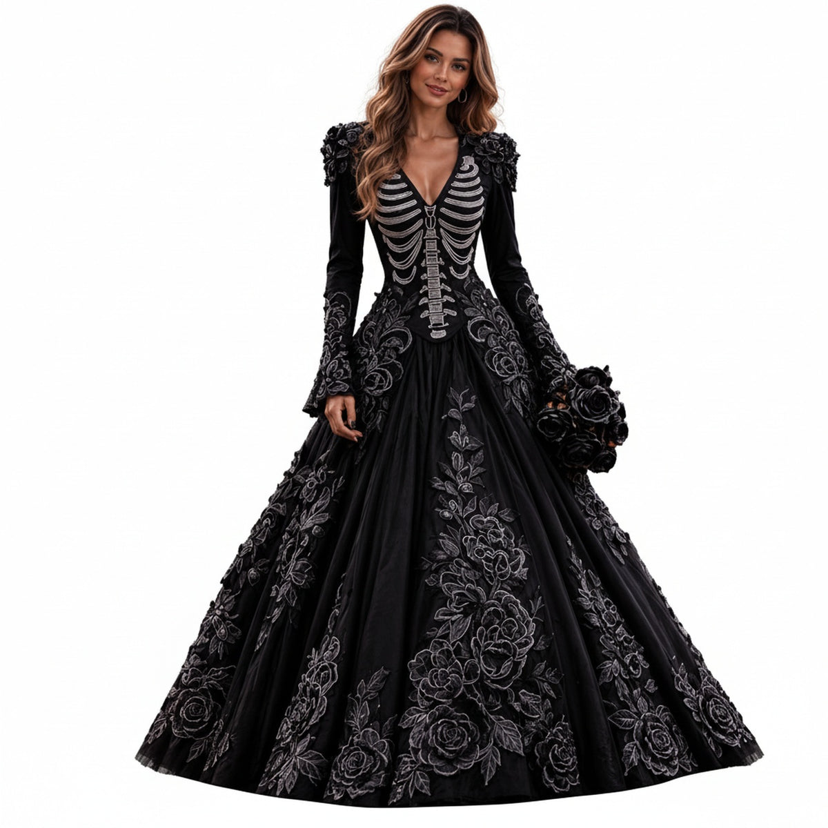Women's Halloween Gothic Ball Gown with Long Sleeves, V-Neck and Skeleton Embroidery - 1