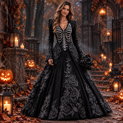 Women's Halloween Gothic Ball Gown with Long Sleeves, V-Neck and Skeleton Embroidery - 2