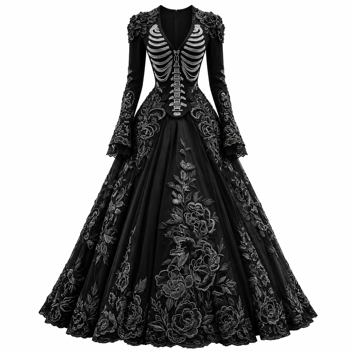 Women's Halloween Gothic Ball Gown with Long Sleeves, V-Neck and Skeleton Embroidery - 3