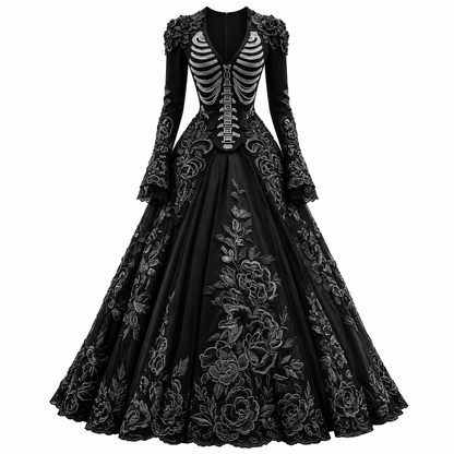 Women's Halloween Gothic Ball Gown with Long Sleeves, V-Neck and Skeleton Embroidery - 3