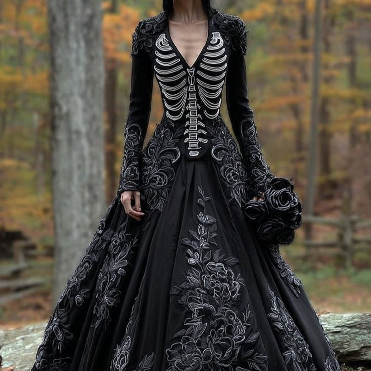 Women's Halloween Gothic Ball Gown with Long Sleeves, V-Neck and Skeleton Embroidery - 4