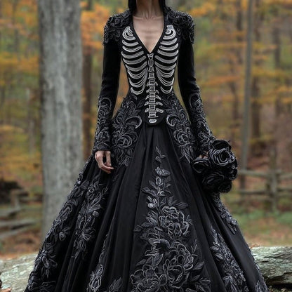 Women's Halloween Gothic Ball Gown with Long Sleeves, V-Neck and Skeleton Embroidery - 4