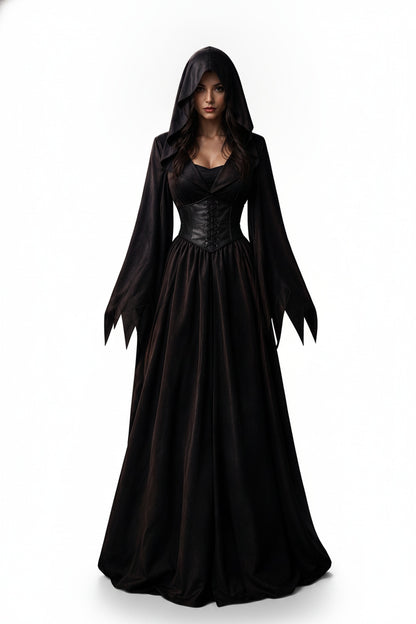 Women's Halloween Long Gothic Hooded Dress with Lace-Up Corset and Pointed Sleeves - 1