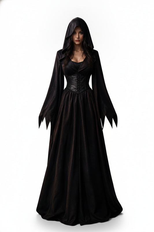 Women's Halloween Long Gothic Hooded Dress with Lace-Up Corset and Pointed Sleeves - 1