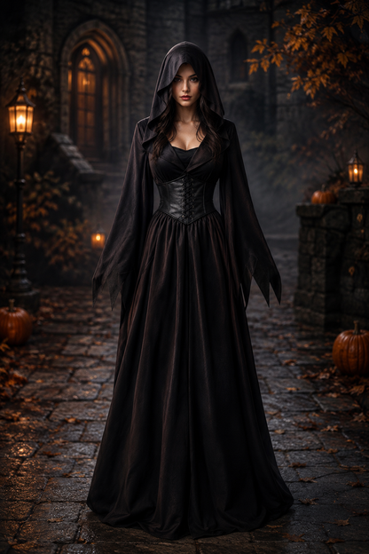 Women's Halloween Long Gothic Hooded Dress with Lace-Up Corset and Pointed Sleeves - 2