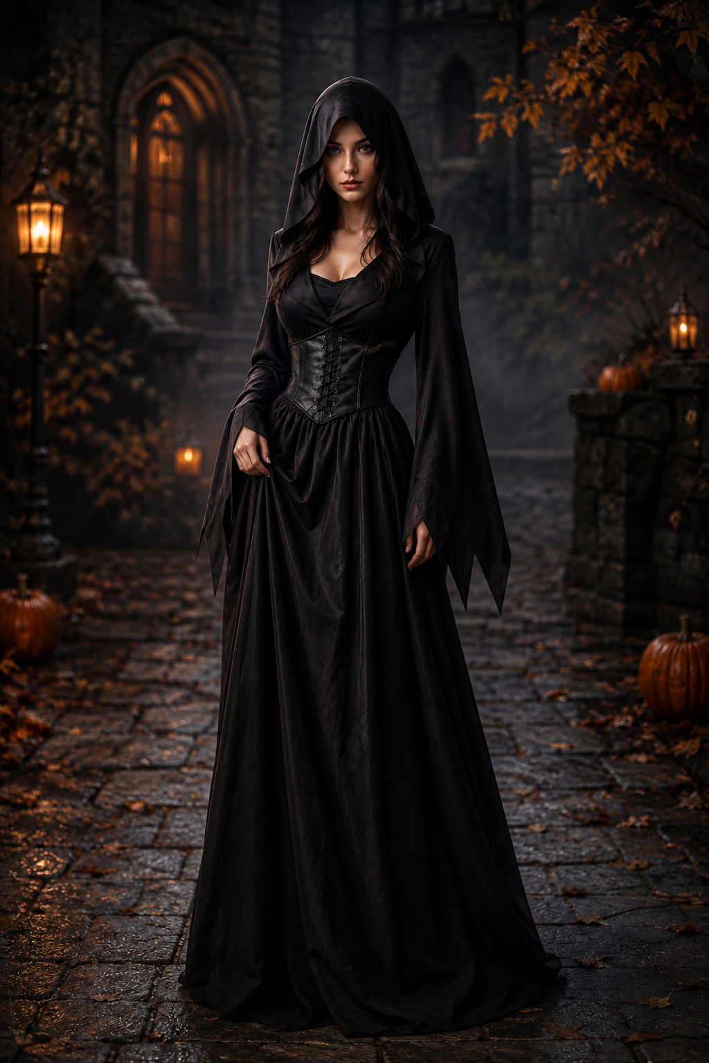 Women's Halloween Long Gothic Hooded Dress with Lace-Up Corset and Pointed Sleeves - 3