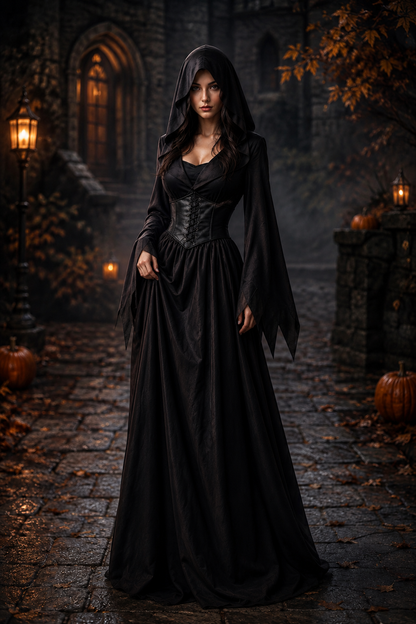 Women's Halloween Long Gothic Hooded Dress with Lace-Up Corset and Pointed Sleeves - 3