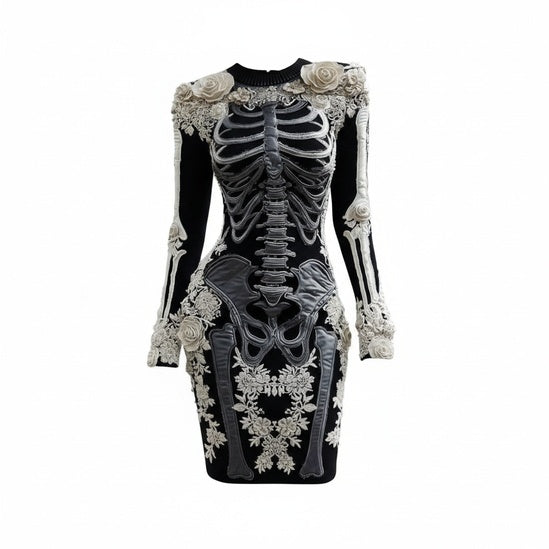 Women's Halloween Long Sleeve Bodycon Mini Dress with Skeleton Pattern and Floral Appliques - 1