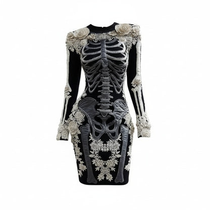 Women's Halloween Long Sleeve Bodycon Mini Dress with Skeleton Pattern and Floral Appliques - 1