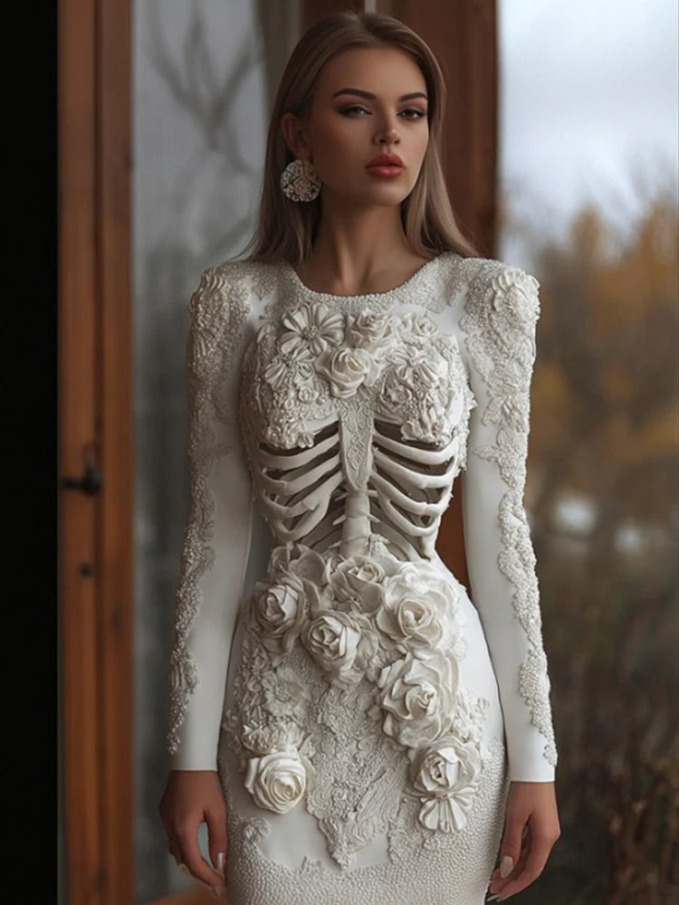 Women's Halloween Long Sleeve Bodycon Mini Dress with Skeleton Pattern and Floral Appliques - 10