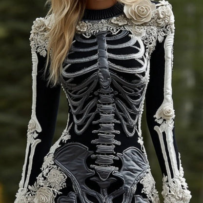 Women's Halloween Long Sleeve Bodycon Mini Dress with Skeleton Pattern and Floral Appliques - 2