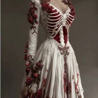 Women's Halloween Long Sleeve Bodycon Mini Dress with Skeleton Pattern and Floral Appliques - 3
