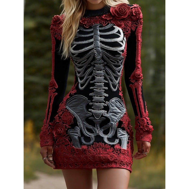 Women's Halloween Long Sleeve Bodycon Mini Dress with Skeleton Pattern and Floral Appliques - 4