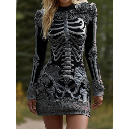 Women's Halloween Long Sleeve Bodycon Mini Dress with Skeleton Pattern and Floral Appliques - 5