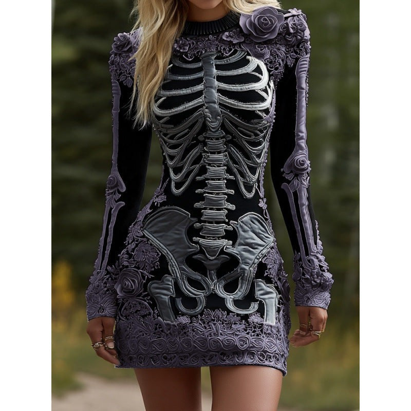 Women's Halloween Long Sleeve Bodycon Mini Dress with Skeleton Pattern and Floral Appliques - 6