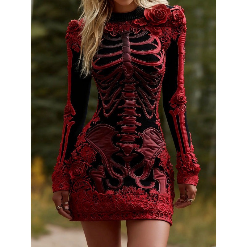 Women's Halloween Long Sleeve Bodycon Mini Dress with Skeleton Pattern and Floral Appliques - 7