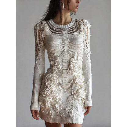 Women's Halloween Long Sleeve Bodycon Mini Dress with Skeleton Pattern and Floral Appliques - 8