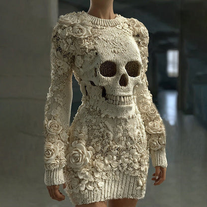 Women's Halloween Long Sleeve Bodycon Mini Dress with Skeleton Pattern and Floral Appliques - 9