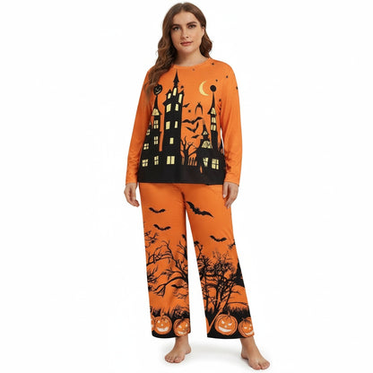 Women's Halloween Loungewear Set with Round Neck Top and Wide Leg Pants - 1