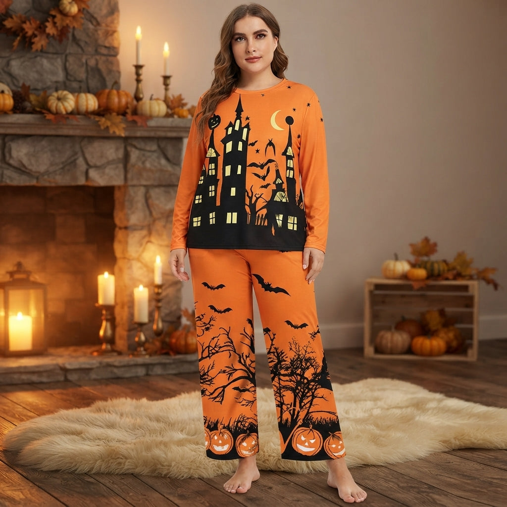 Women's Halloween Loungewear Set with Round Neck Top and Wide Leg Pants - 2