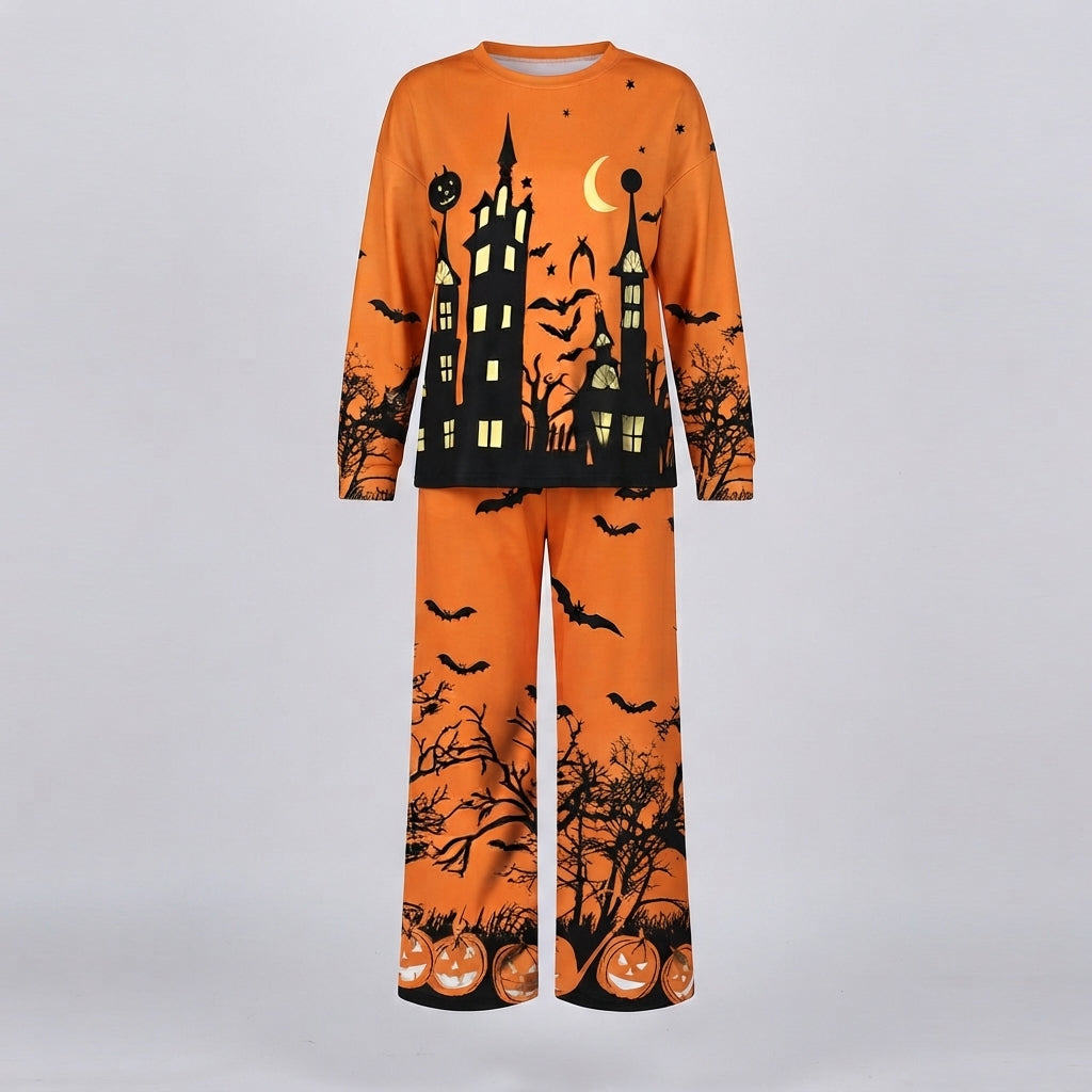 Women's Halloween Loungewear Set with Round Neck Top and Wide Leg Pants - 3