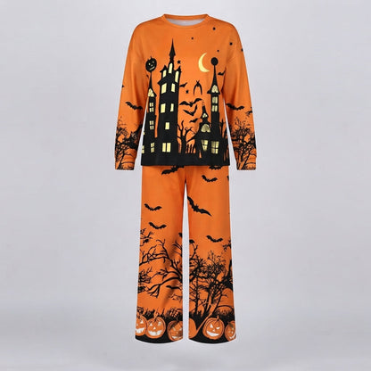 Women's Halloween Loungewear Set with Round Neck Top and Wide Leg Pants - 3