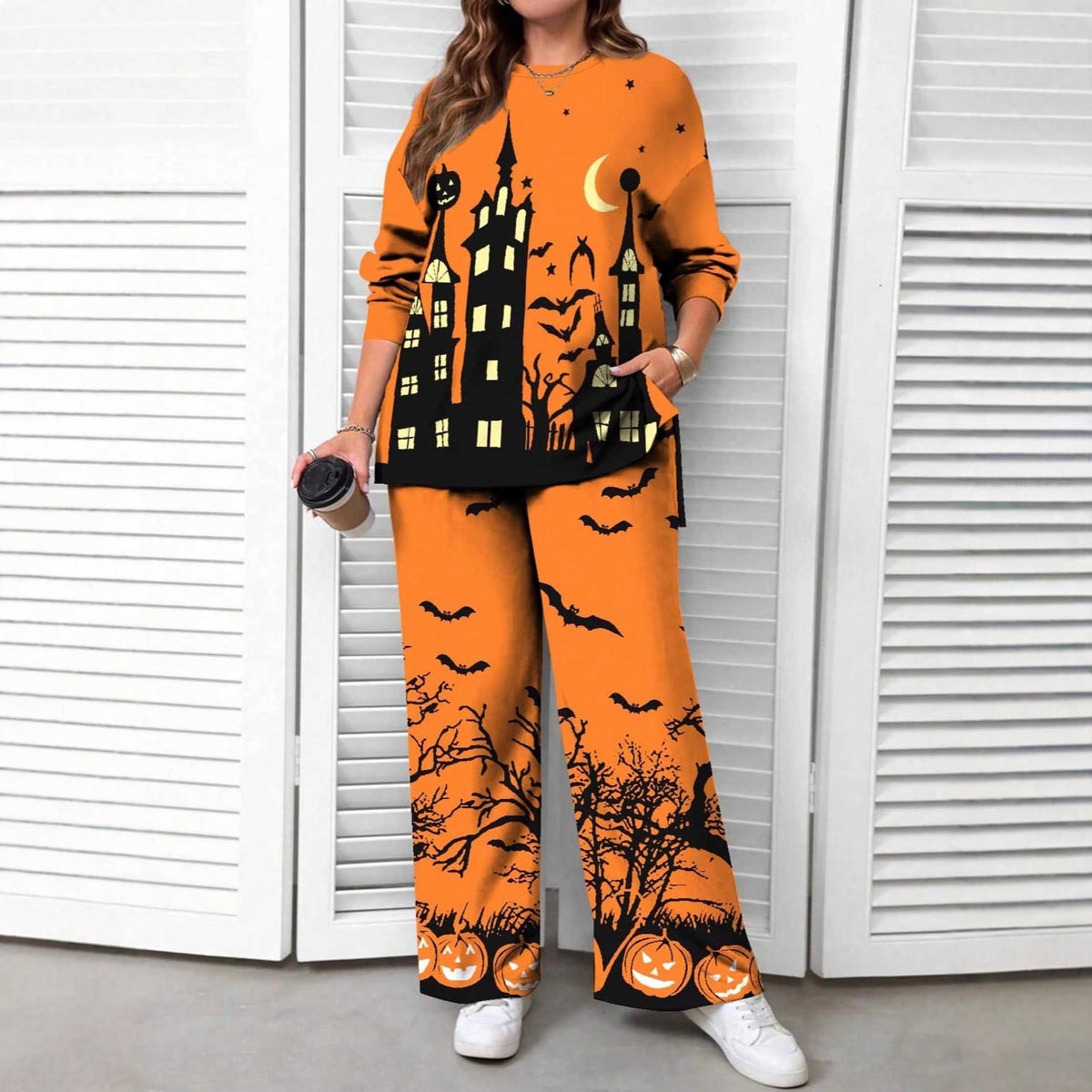 Women's Halloween Loungewear Set with Round Neck Top and Wide Leg Pants - 4