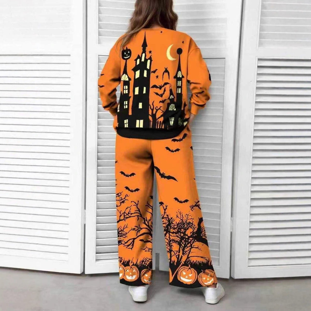 Women's Halloween Loungewear Set with Round Neck Top and Wide Leg Pants - 5