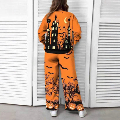 Women's Halloween Loungewear Set with Round Neck Top and Wide Leg Pants - 5