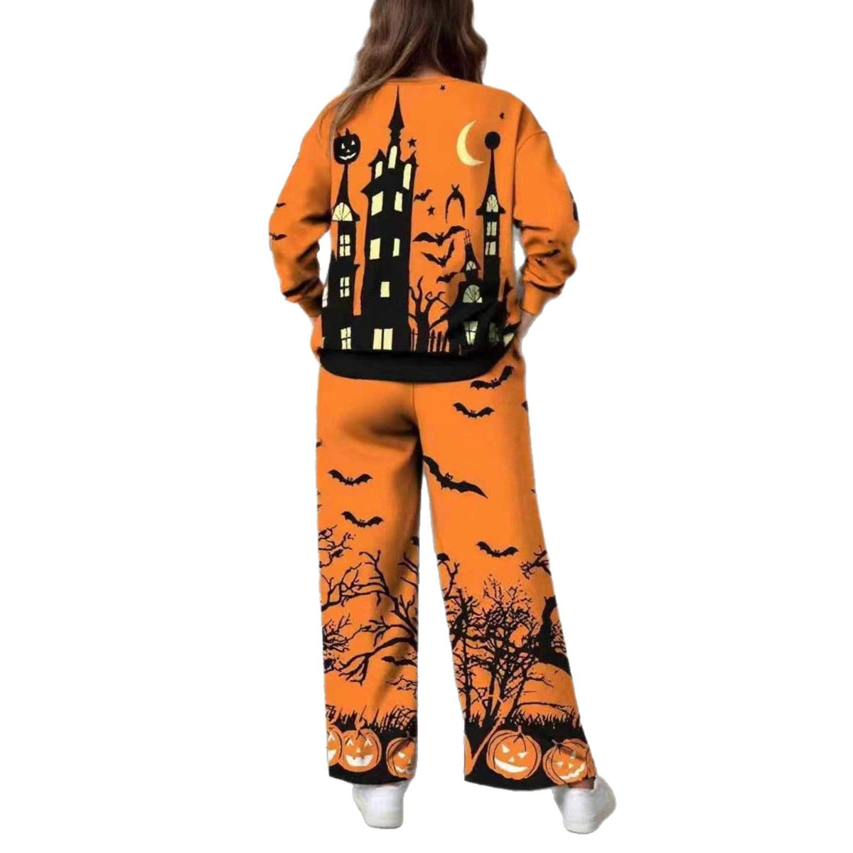 Women's Halloween Loungewear Set with Round Neck Top and Wide Leg Pants - 7