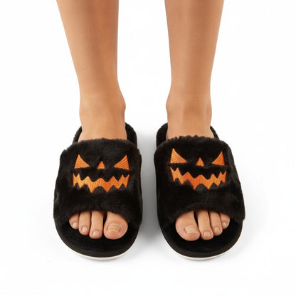 Women's Halloween Pumpkin Slippers with Open Toe and Jack-o'-Lantern Design - 1