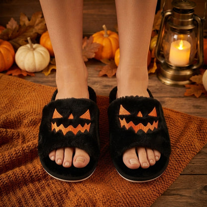Women's Halloween Pumpkin Slippers with Open Toe and Jack-o'-Lantern Design - 2