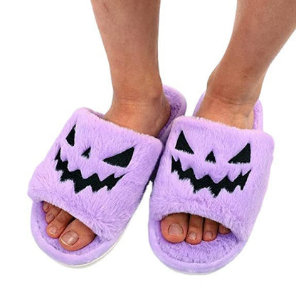 Women's Halloween Pumpkin Slippers with Open Toe and Jack-o'-Lantern Design - 9