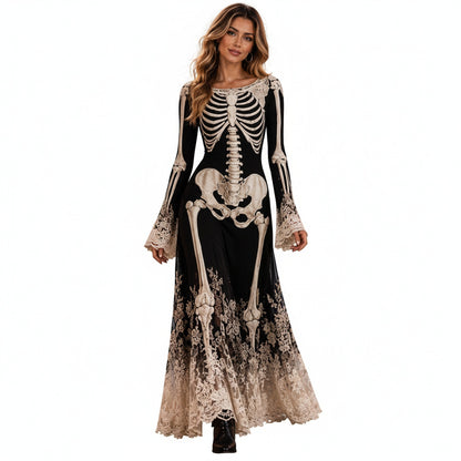 Women's Halloween Skeleton Maxi Dress with Flared Sleeves, Round Neck and Lace Trim - 1