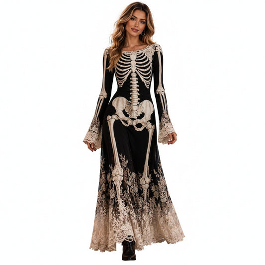 Women's Halloween Skeleton Maxi Dress with Flared Sleeves, Round Neck and Lace Trim - 1