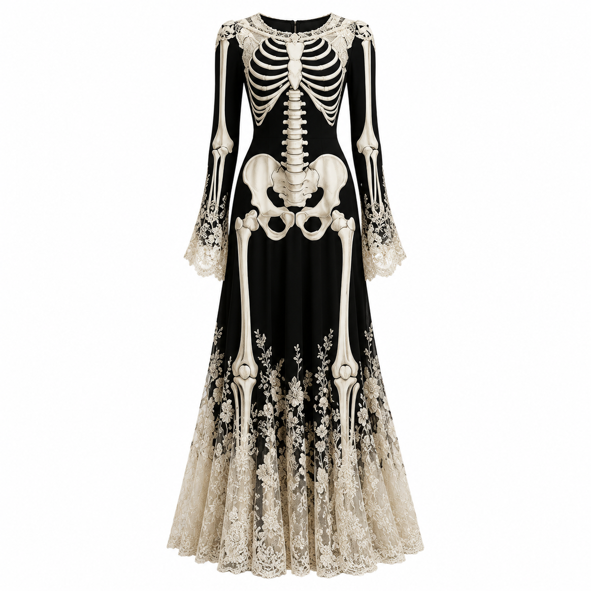 Women's Halloween Skeleton Maxi Dress with Flared Sleeves, Round Neck and Lace Trim - 3