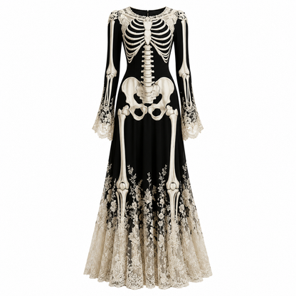 Women's Halloween Skeleton Maxi Dress with Flared Sleeves, Round Neck and Lace Trim - 3