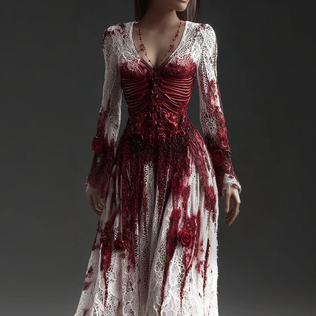 Women's Halloween Skeleton Maxi Dress with Flared Sleeves, Round Neck and Lace Trim - 5