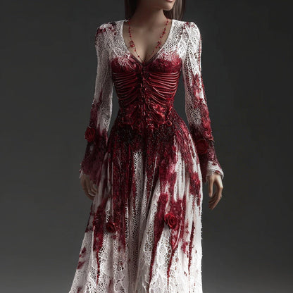 Women's Halloween Skeleton Maxi Dress with Flared Sleeves, Round Neck and Lace Trim - 5