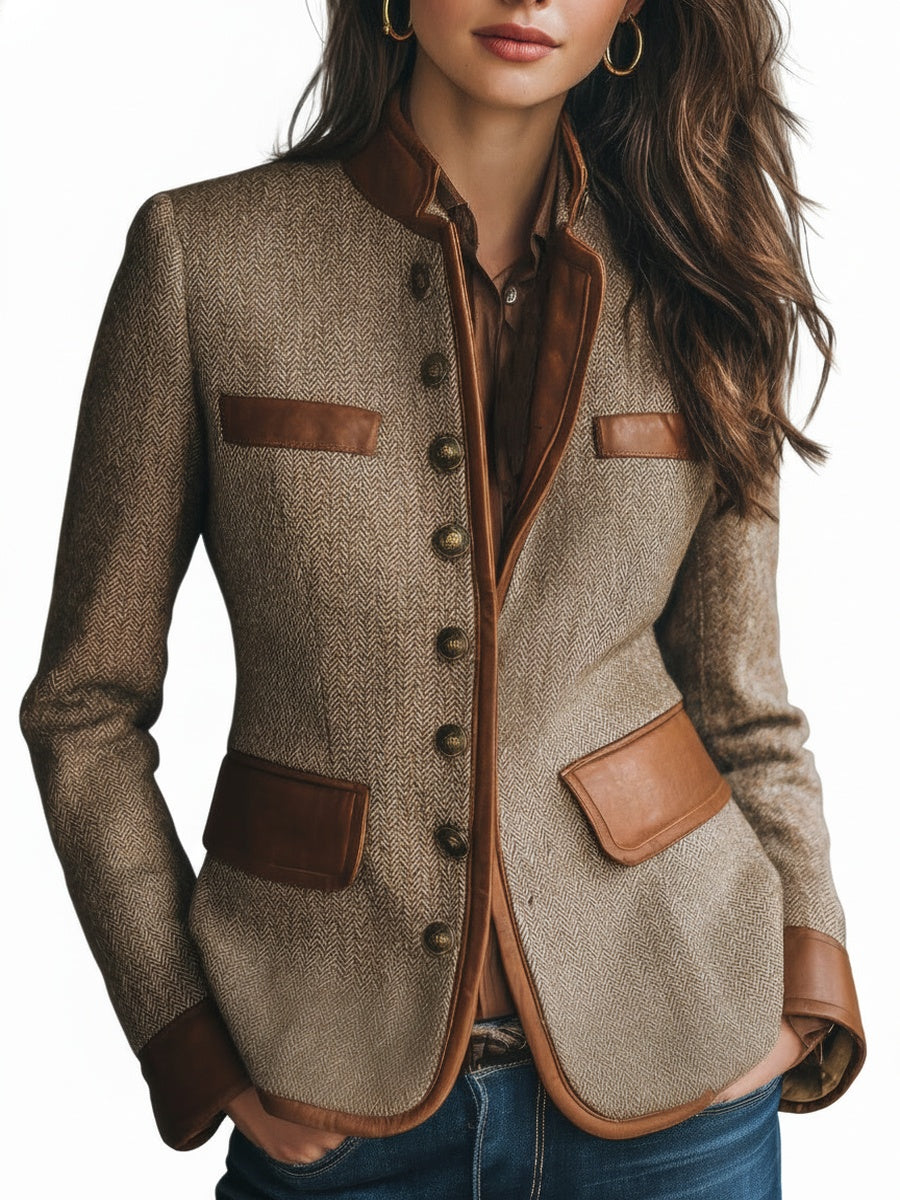 Women's Herringbone Blazer Jacket with Stand Collar and Faux Leather Trim