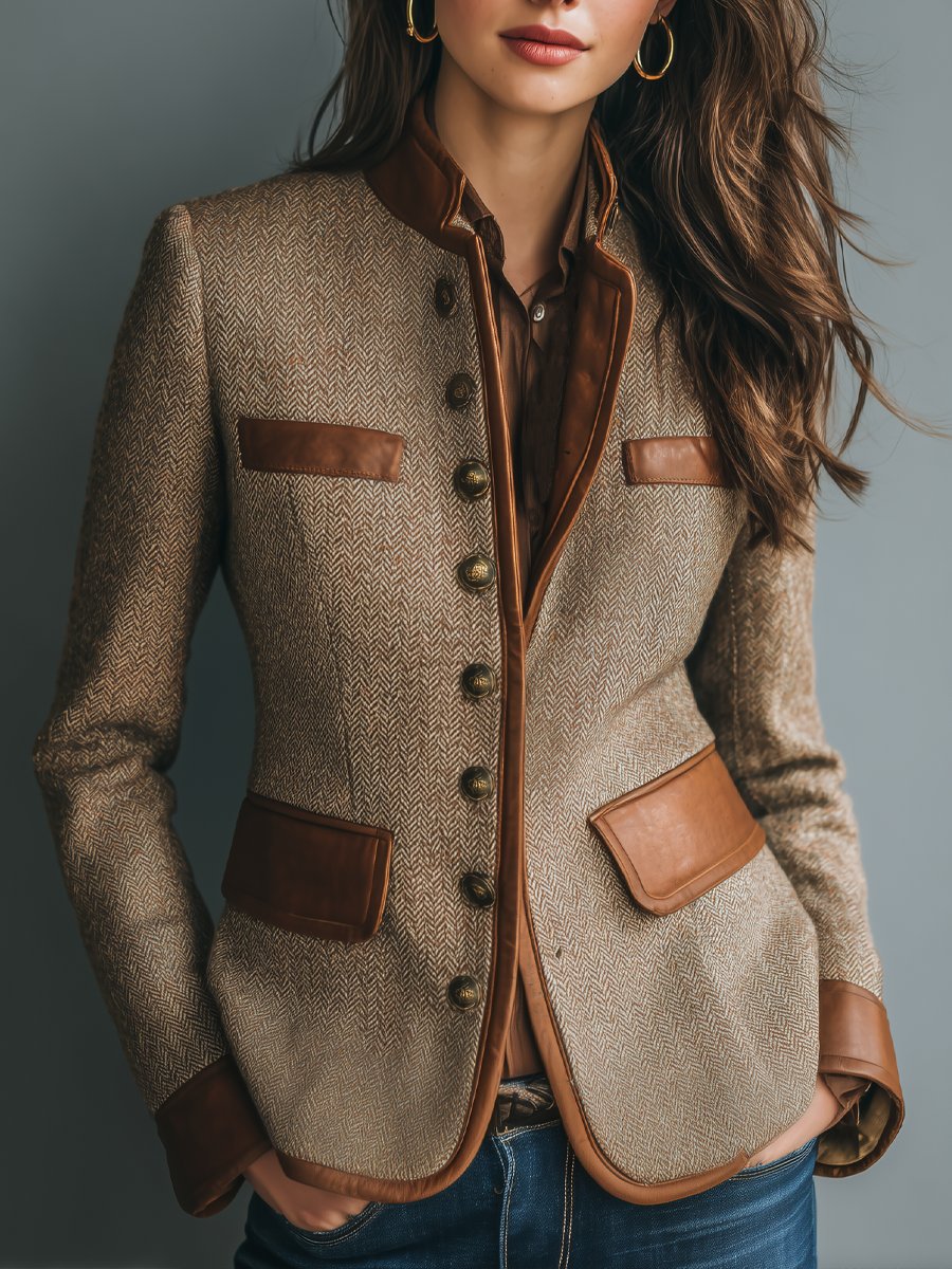 Women's Herringbone Blazer Jacket with Stand Collar and Faux Leather Trim
