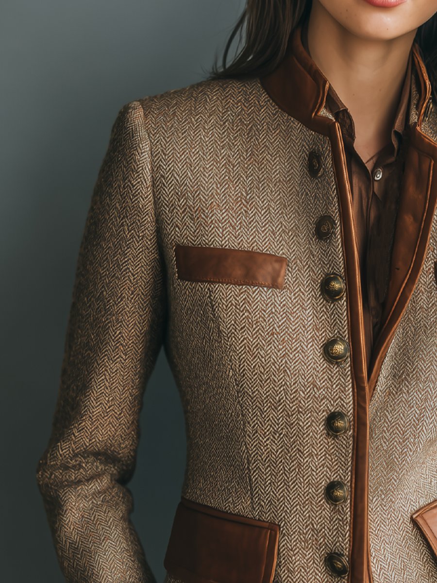 Women's Herringbone Blazer Jacket with Stand Collar and Faux Leather Trim