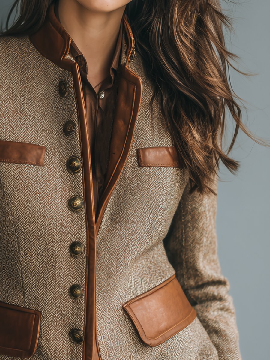 Women's Herringbone Blazer Jacket with Stand Collar and Faux Leather Trim