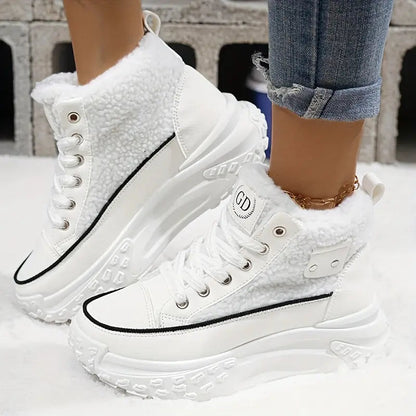 Women's High-Top Platform Sneakers with Lace-Up Front and Fleece Lining