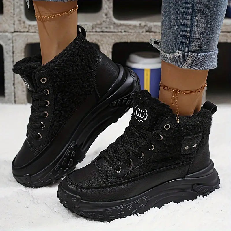 Women's High-Top Platform Sneakers with Lace-Up Front and Fleece Lining