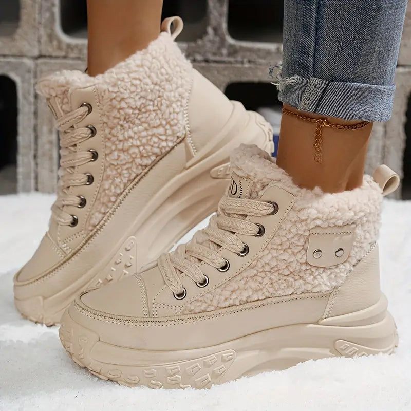 Women's High-Top Platform Sneakers with Lace-Up Front and Fleece Lining